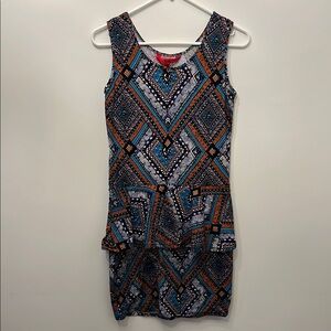 First Kiss Black, Blue & Orange Geometric Print Sheath Mini Dress